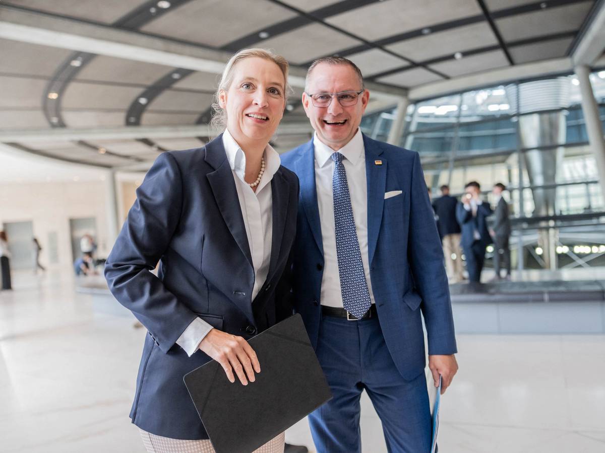 Die AfD-Chefin Alice Weidel neben dem Bundesvorsitzenden und Fraktionsvorsitzenden Tino Chrupalla im Bundestag. (Archivbild)