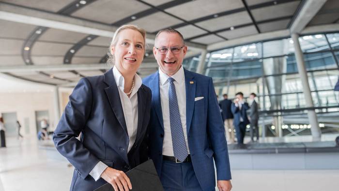 Die AfD-Chefin Alice Weidel neben dem Bundesvorsitzenden und Fraktionsvorsitzenden Tino Chrupalla im Bundestag. (Archivbild)