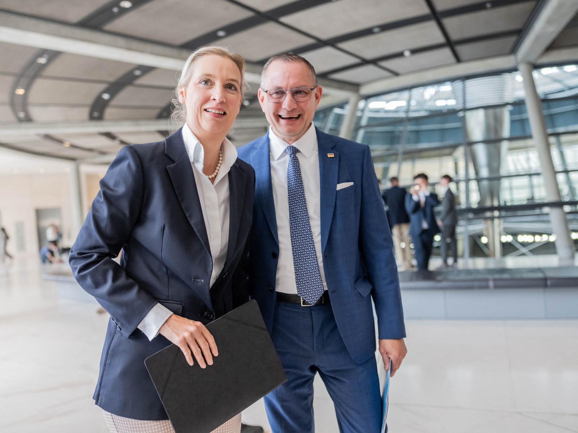Die AfD-Chefin Alice Weidel neben dem Bundesvorsitzenden und Fraktionsvorsitzenden Tino Chrupalla im Bundestag. (Archivbild)
