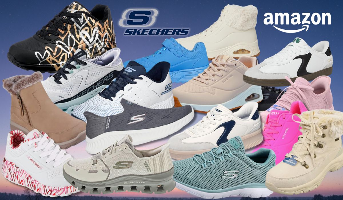 Collage von zehn Skechers Sneakern in verschiedenen Modellen und Farben (Blau, Schwarz, Pink, Weiß, Navy, Grau, Beige, Rosa, Weiß-Rot) vor einem sonnigen Park-Hintergrund mit weichem Bokeh. Links oben das Amazon-Logo, in der Mitte das Skechers-Logo.
