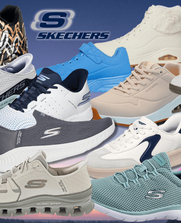 Collage von zehn Skechers Sneakern in verschiedenen Modellen und Farben (Blau, Schwarz, Pink, Weiß, Navy, Grau, Beige, Rosa, Weiß-Rot) vor einem sonnigen Park-Hintergrund mit weichem Bokeh. Links oben das Amazon-Logo, in der Mitte das Skechers-Logo.