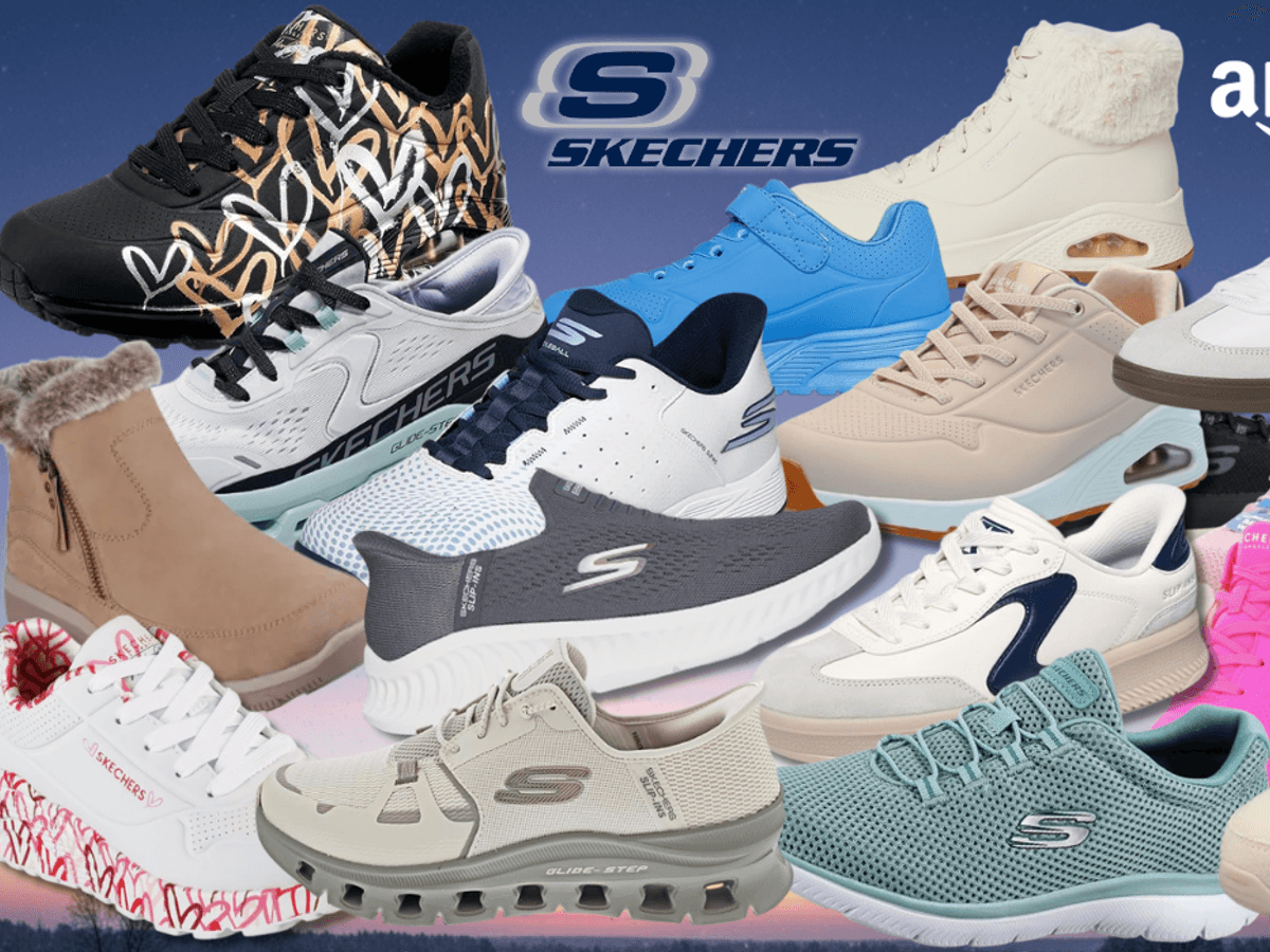 Collage von zehn Skechers Sneakern in verschiedenen Modellen und Farben (Blau, Schwarz, Pink, Weiß, Navy, Grau, Beige, Rosa, Weiß-Rot) vor einem sonnigen Park-Hintergrund mit weichem Bokeh. Links oben das Amazon-Logo, in der Mitte das Skechers-Logo.