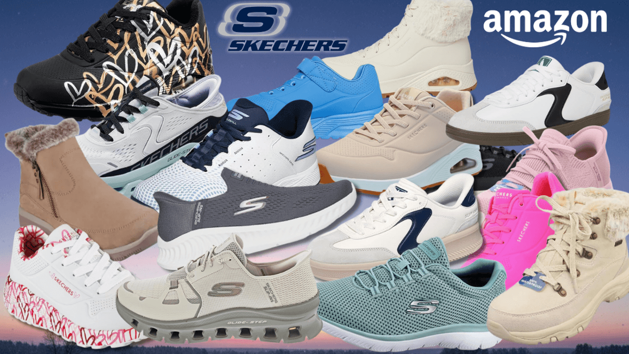 Collage von zehn Skechers Sneakern in verschiedenen Modellen und Farben (Blau, Schwarz, Pink, Weiß, Navy, Grau, Beige, Rosa, Weiß-Rot) vor einem sonnigen Park-Hintergrund mit weichem Bokeh. Links oben das Amazon-Logo, in der Mitte das Skechers-Logo.