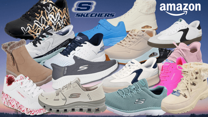 Collage von zehn Skechers Sneakern in verschiedenen Modellen und Farben (Blau, Schwarz, Pink, Weiß, Navy, Grau, Beige, Rosa, Weiß-Rot) vor einem sonnigen Park-Hintergrund mit weichem Bokeh. Links oben das Amazon-Logo, in der Mitte das Skechers-Logo.