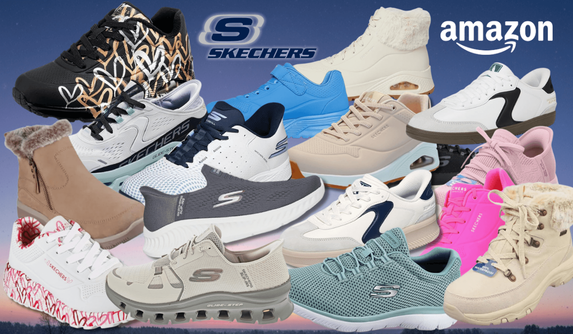 Collage von zehn Skechers Sneakern in verschiedenen Modellen und Farben (Blau, Schwarz, Pink, Weiß, Navy, Grau, Beige, Rosa, Weiß-Rot) vor einem sonnigen Park-Hintergrund mit weichem Bokeh. Links oben das Amazon-Logo, in der Mitte das Skechers-Logo.