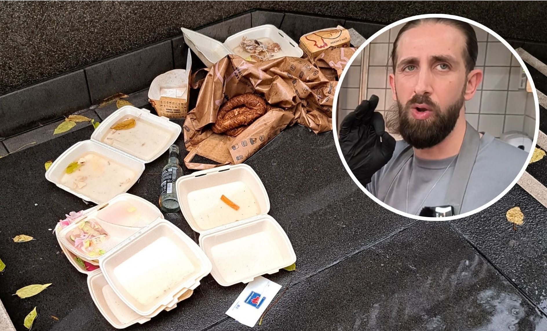 Müll von „Nhas City Chicken“ an der KVB-Haltestelle Apellhofplatz