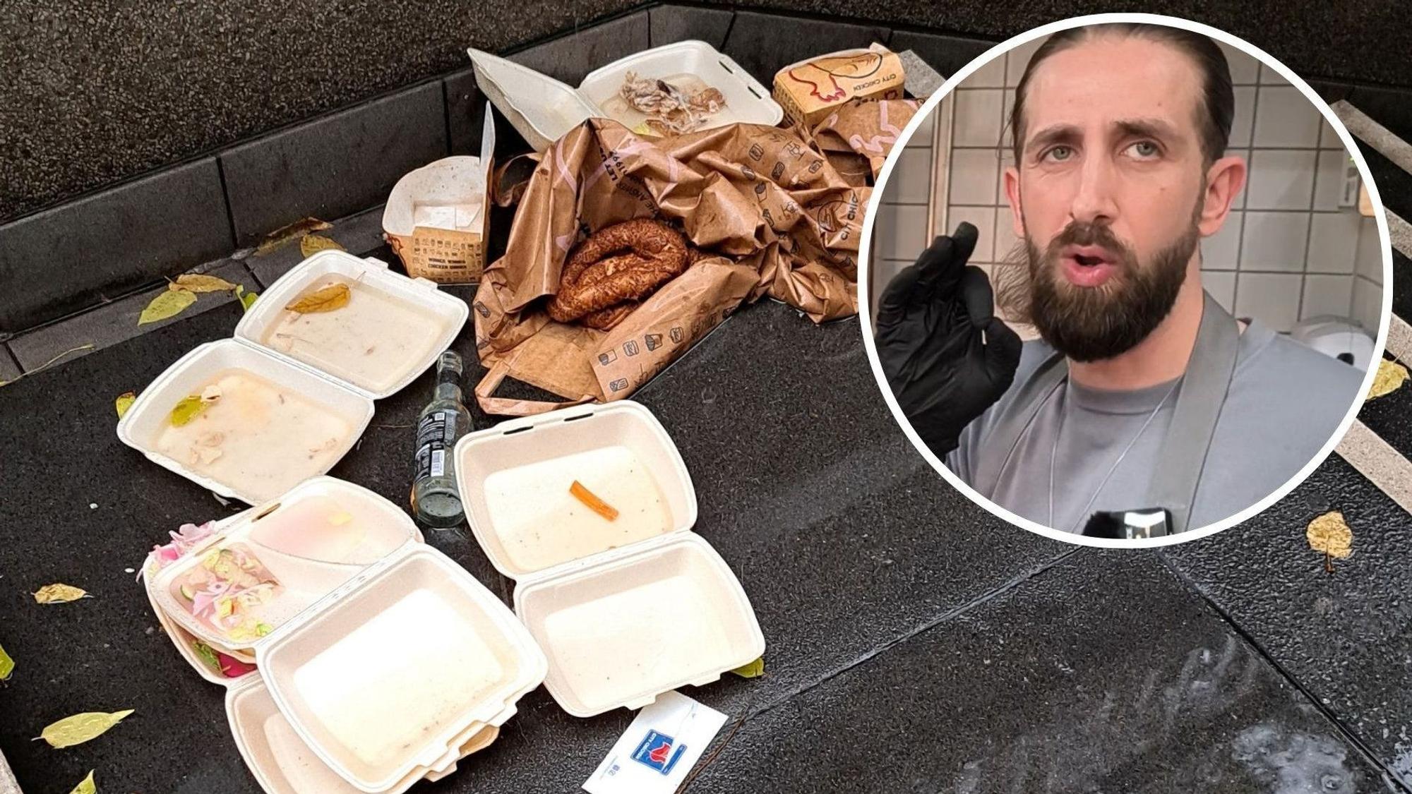 Müll von „Nhas City Chicken“ an der KVB-Haltestelle Apellhofplatz