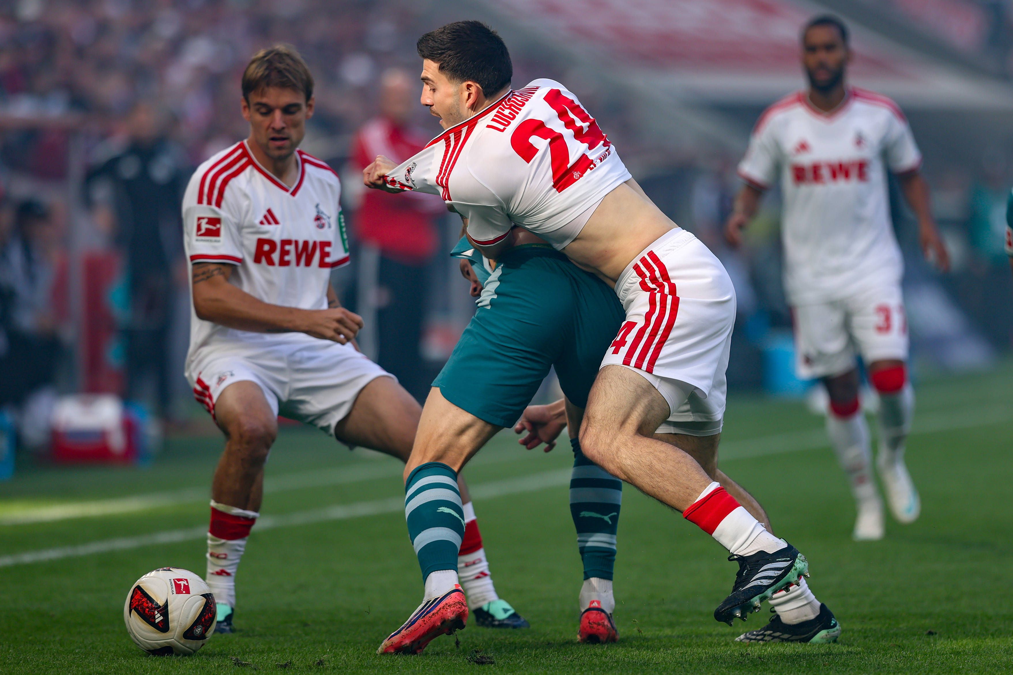 Umkämpftes Derby am 11. Oktober 2026 in Köln: Luka Lochoshvili (1. FC Köln) im Zweikampf gegen Isac Lidberg (Borussia Mönchengladbach).