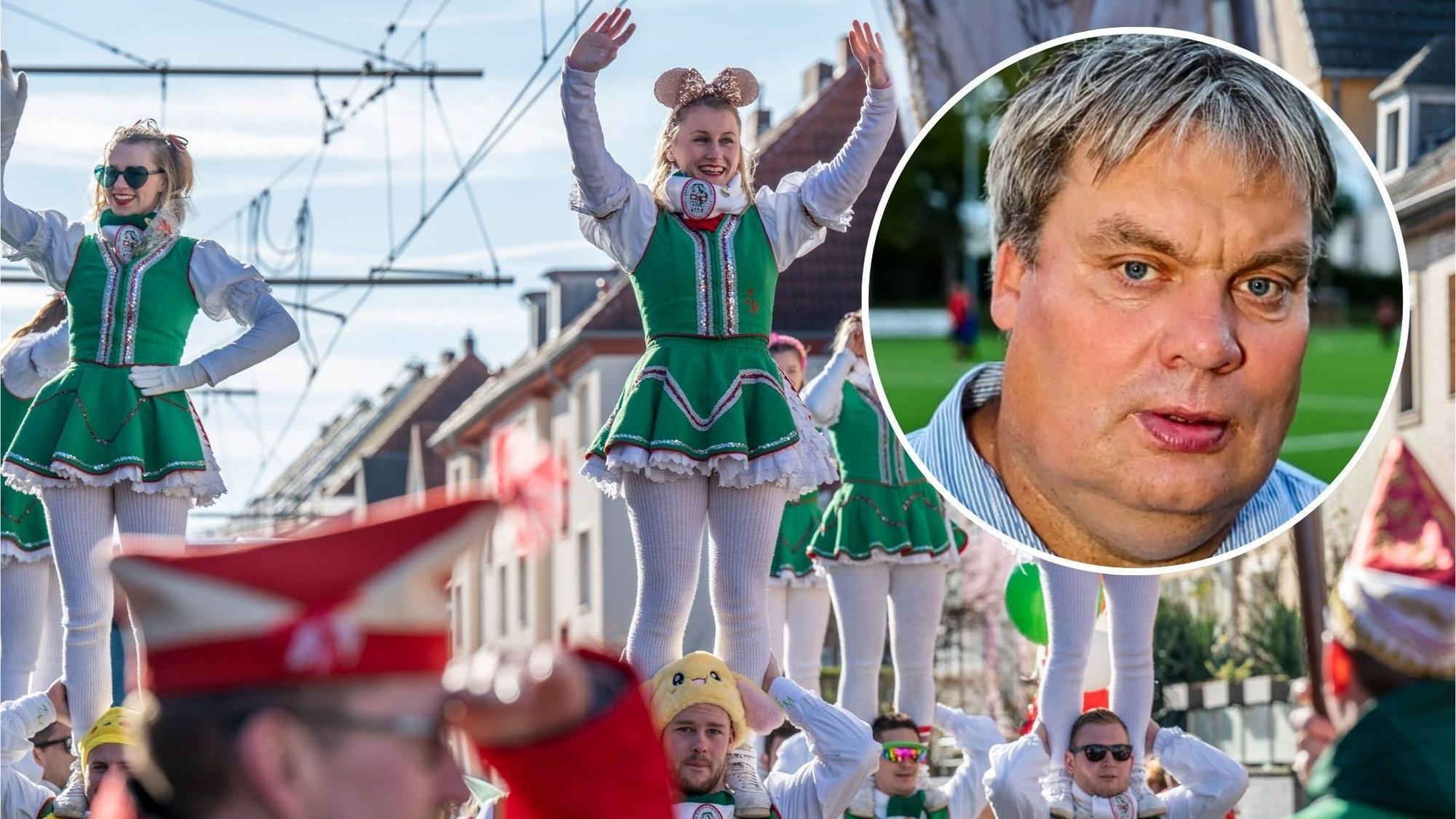 Teilnehmer beim Karnevalszug am Veilchendienstag 2024 in Köln-Zollstock. Der Vorsitzende der Freunde des Zollstocker Dienstagszuges, Michael Siegenbruck, erklärt die Gründe für die Absage.