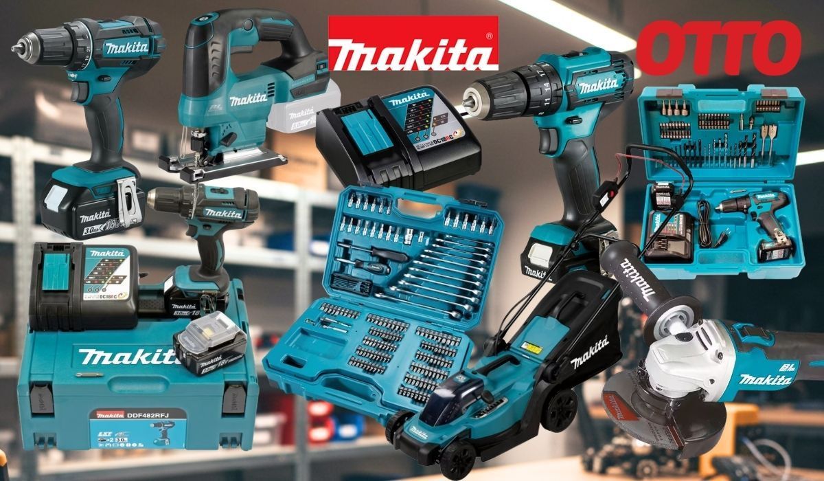 Makita Werkzeug, Gartengeräte und Zubehör vor einem Hintergrund einer Werkstatt mit Regalen.