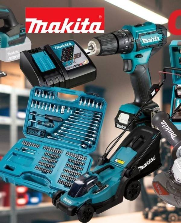 Makita Werkzeug, Gartengeräte und Zubehör vor einem Hintergrund einer Werkstatt mit Regalen.