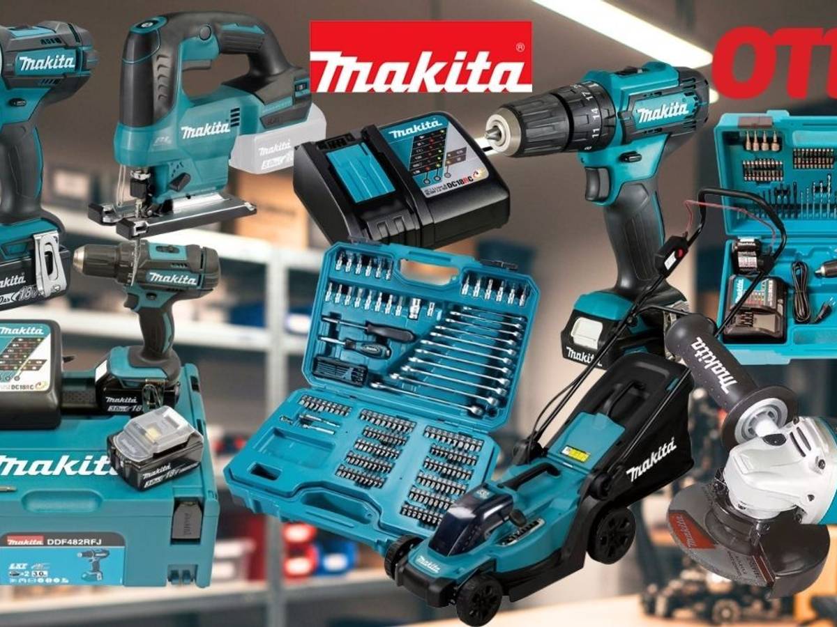 Makita Werkzeug, Gartengeräte und Zubehör vor einem Hintergrund einer Werkstatt mit Regalen.
