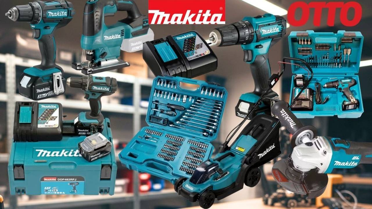 Makita Werkzeug, Gartengeräte und Zubehör vor einem Hintergrund einer Werkstatt mit Regalen.
