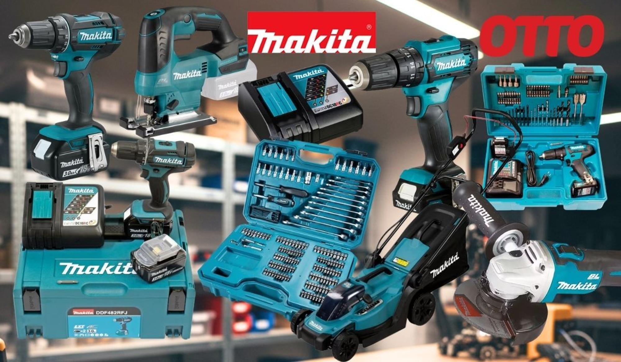 Makita Werkzeug, Gartengeräte und Zubehör vor einem Hintergrund einer Werkstatt mit Regalen.