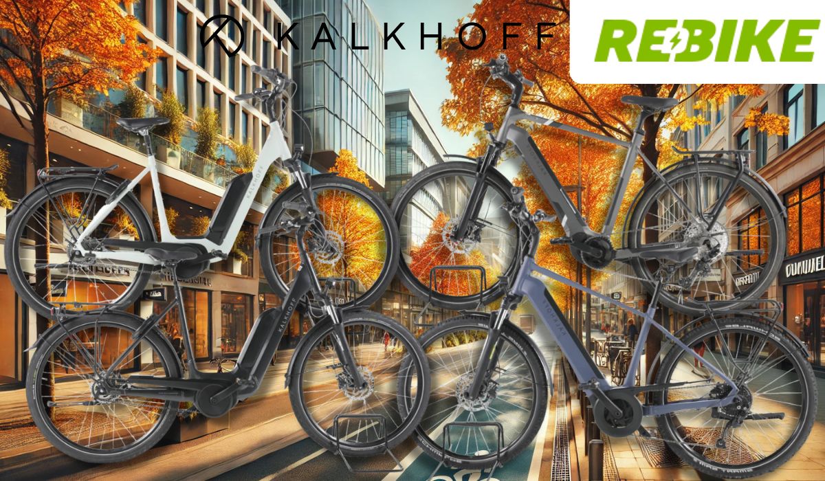 4 unterschiedliche E-Bikes von Kalkhoff vor einem Fahrradweg.