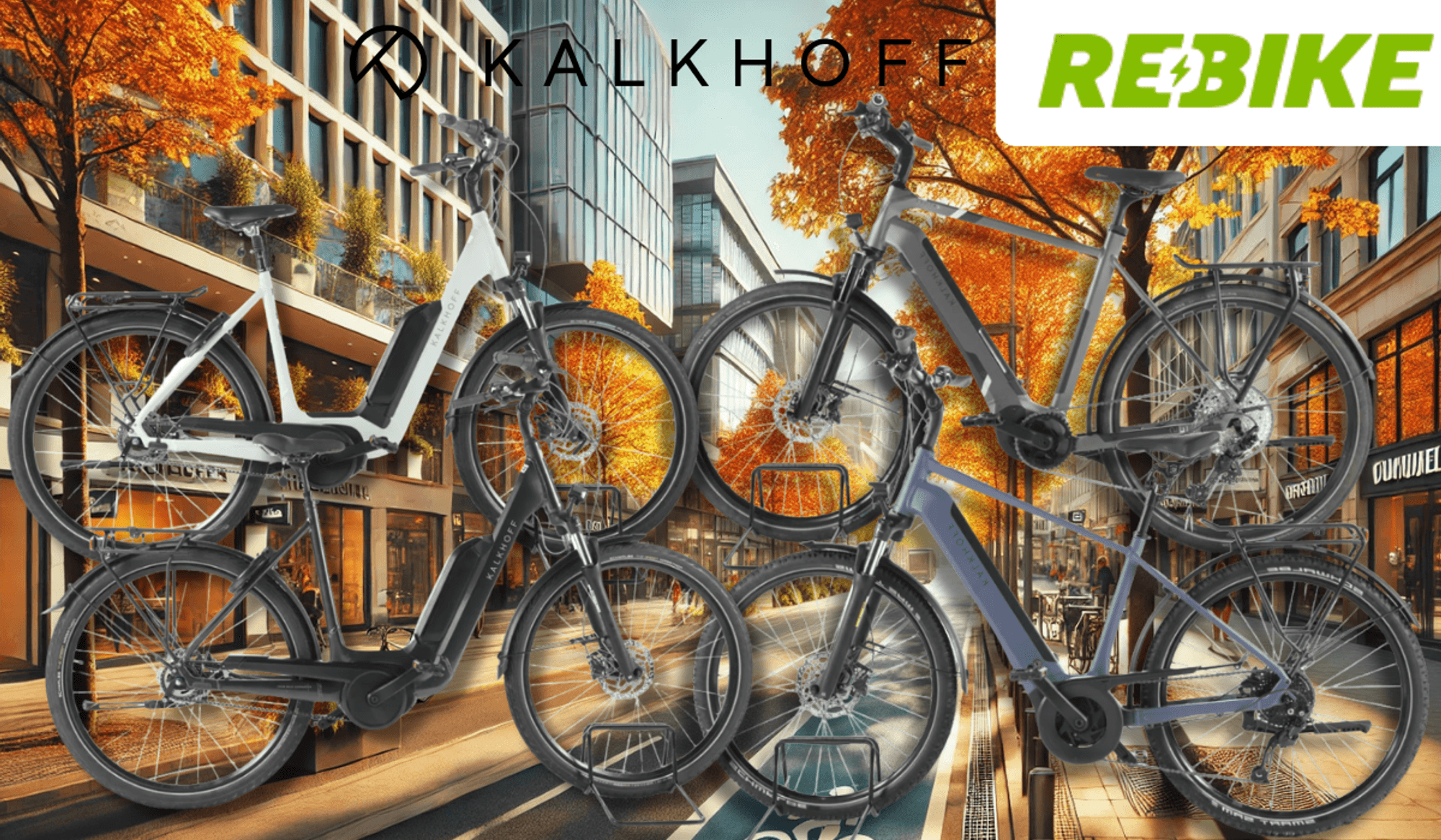 4 unterschiedliche E-Bikes von Kalkhoff vor einem Fahrradweg.