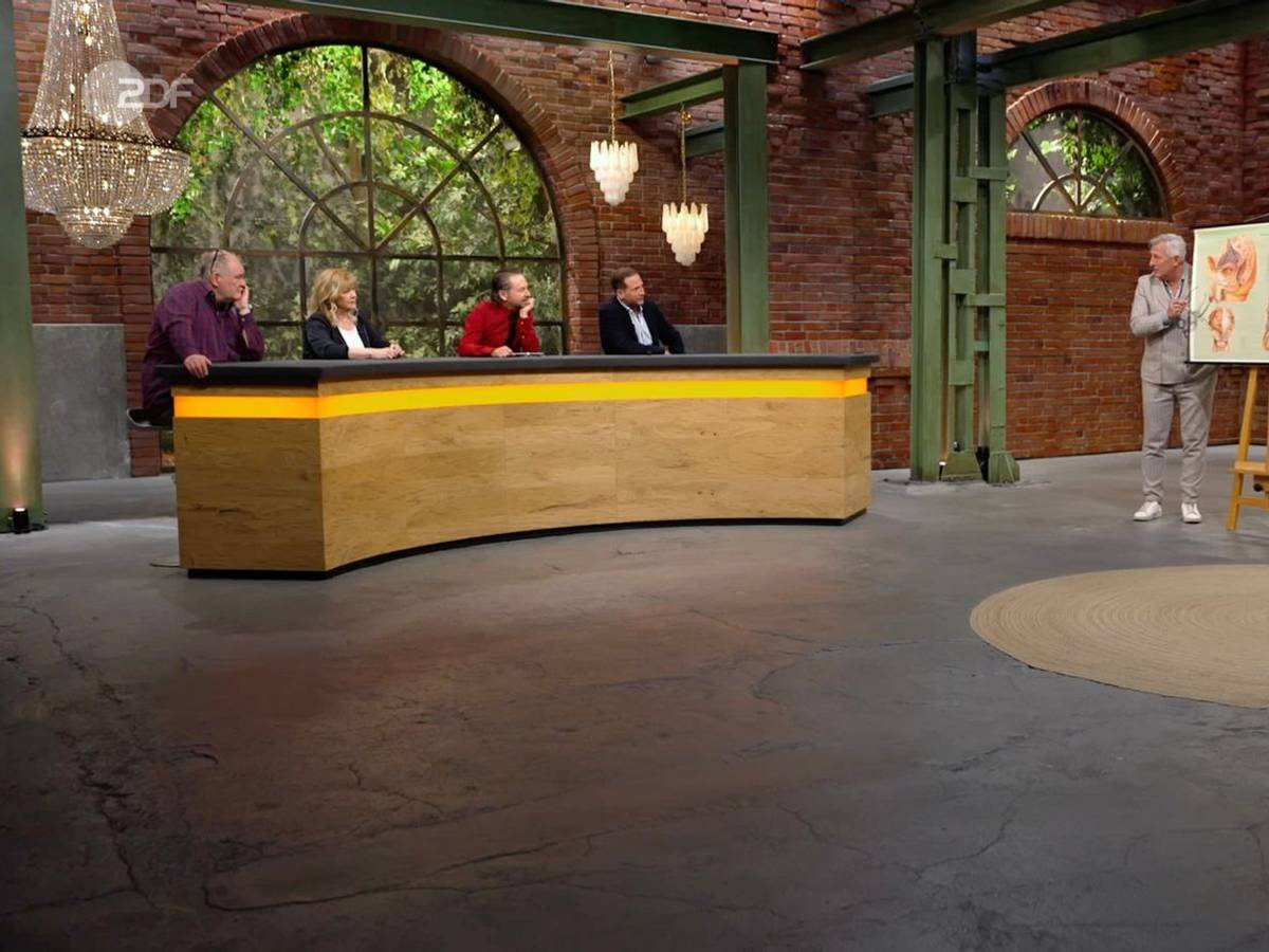 Im Händlerraum sorgte die Lehrtafel prompt für einen kleinen Anatomie-Exkurs. Markus Wildhagen übernahm die Rolle des Lehrers und erklärte: „Also, wir haben hier den Penis, Hoden und Harnblase.“ Julian Schmitz-Avila bedankte sich für die Aufklärung und Wolfgang Pauritsch hatte noch eine wichtige Frage: „Wo ist die Prostata?“ (Bild: ZDF)