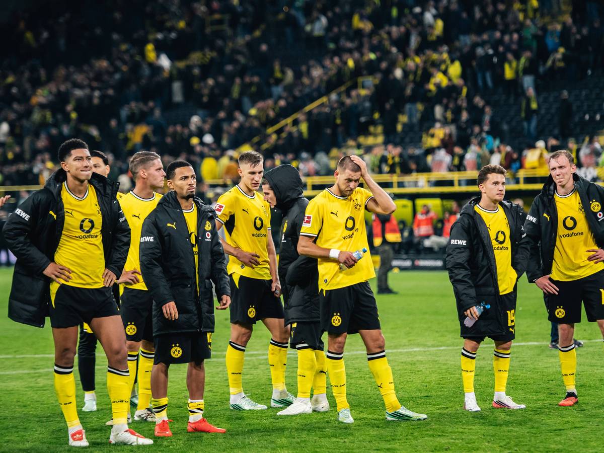 Die BVB-Profis stehen nach dem Spiel enttäuscht vor den Fans.