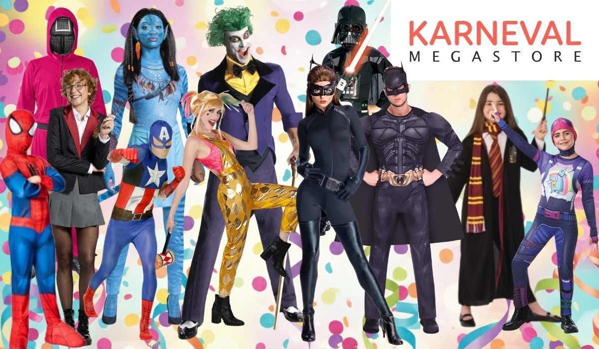 Karnevalskostüme aus Filmen und Serien für Damen, Herren und Kinder von Squid Game, Star Wars, Batman, Joker, Harley Quinn, Harry Potter, Captain America, Avatar vor buntem Hintergrund mit Konfetti und Luftschlangen.