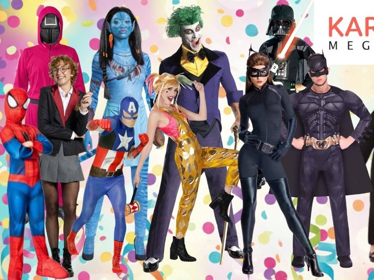 Karnevalskostüme aus Filmen und Serien für Damen, Herren und Kinder von Squid Game, Star Wars, Batman, Joker, Harley Quinn, Harry Potter, Captain America, Avatar vor buntem Hintergrund mit Konfetti und Luftschlangen.