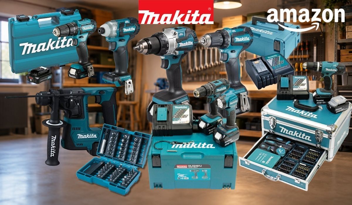Makita-Werkzeug und Akkuschrauber vor einem Werkstatthintergrund.