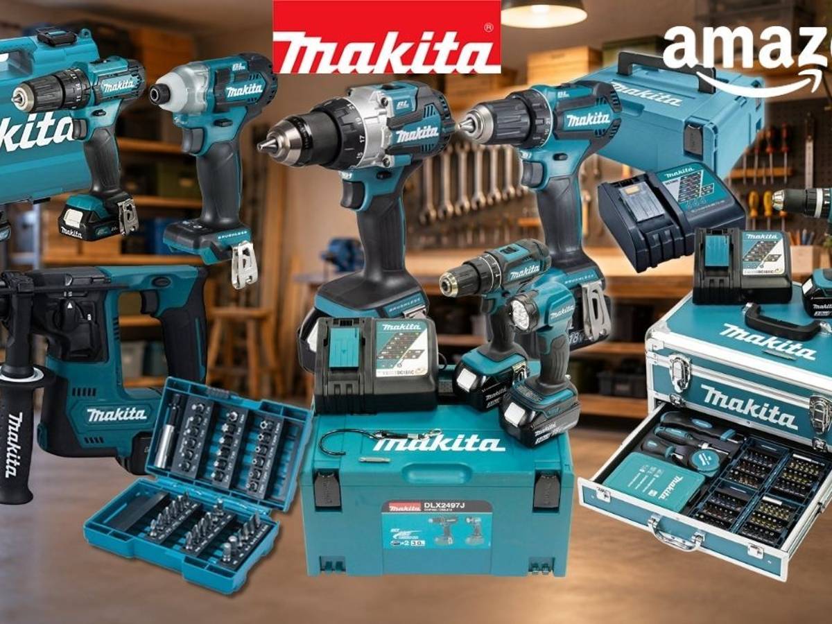 Makita-Werkzeug und Akkuschrauber vor einem Werkstatthintergrund.