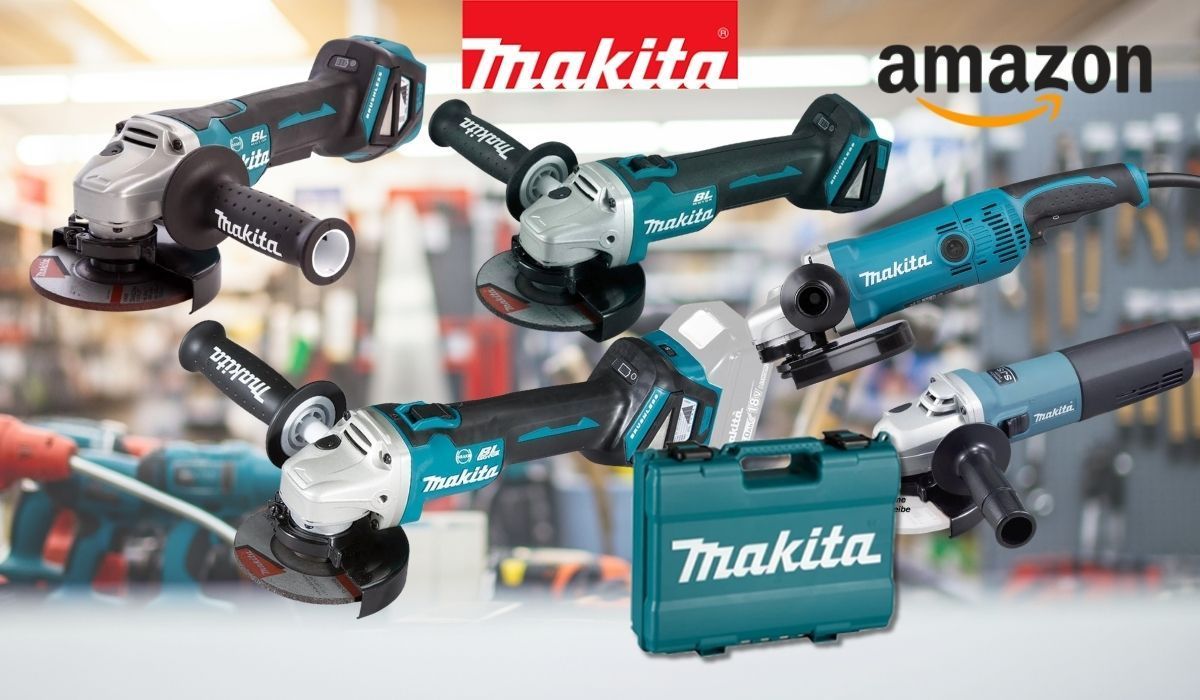 Fünf Makita Winkelschleifer, darunter bürstenlose Akku-Modelle und Geräte mit Kabel, dazu ein Transportkoffer, vor einer Werkstatt-Kulisse mit Makita- und Amazon-Logo