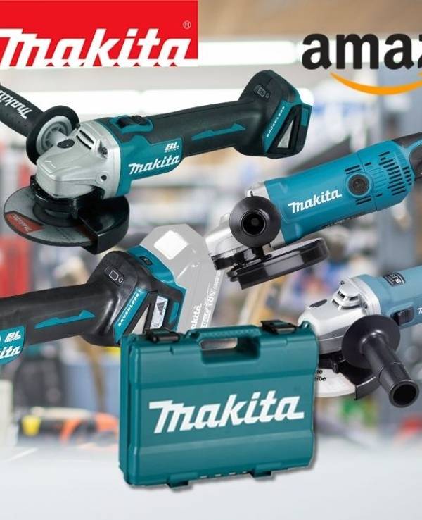 Fünf Makita Winkelschleifer, darunter bürstenlose Akku-Modelle und Geräte mit Kabel, dazu ein Transportkoffer, vor einer Werkstatt-Kulisse mit Makita- und Amazon-Logo