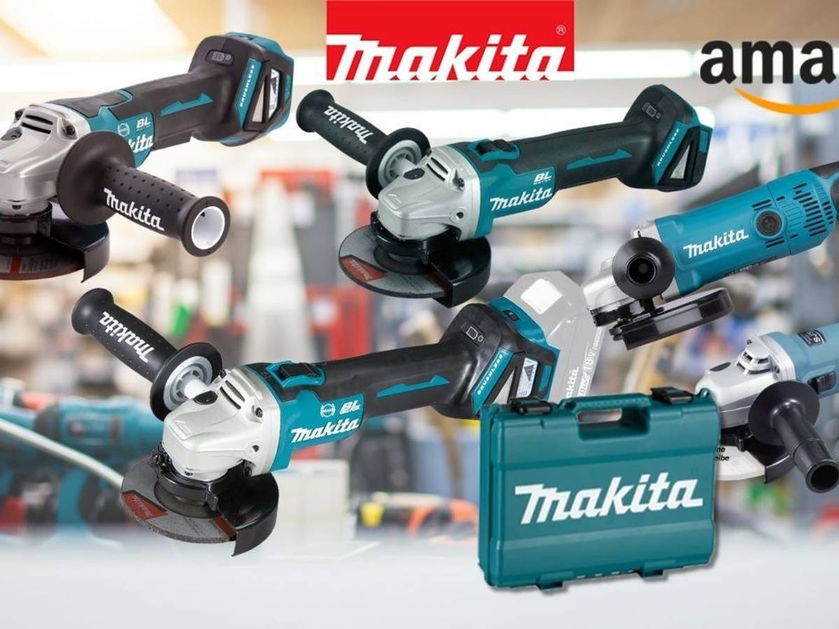 Fünf Makita Winkelschleifer, darunter bürstenlose Akku-Modelle und Geräte mit Kabel, dazu ein Transportkoffer, vor einer Werkstatt-Kulisse mit Makita- und Amazon-Logo