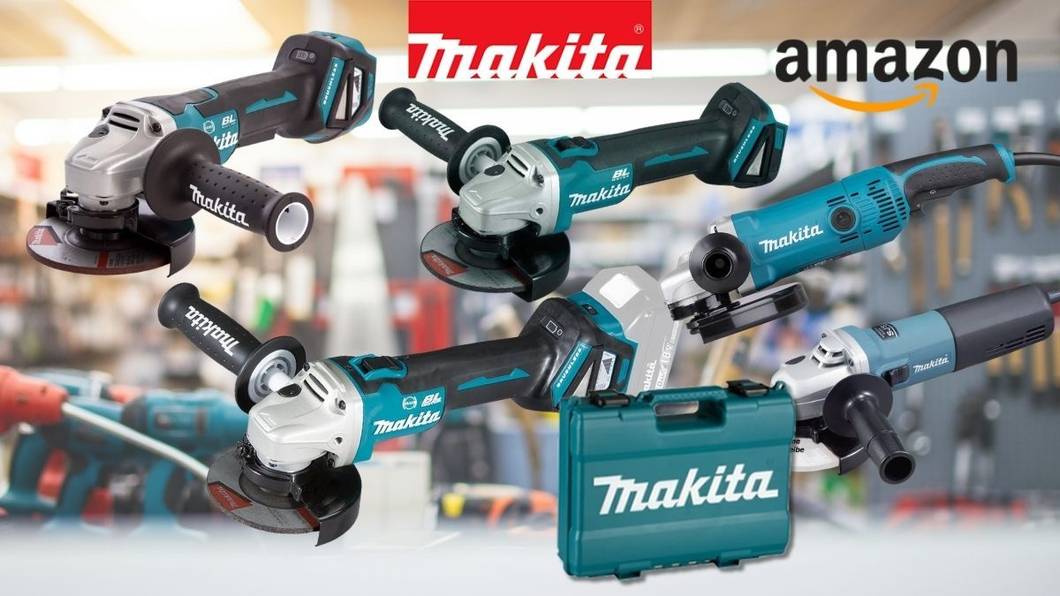 Fünf Makita Winkelschleifer, darunter bürstenlose Akku-Modelle und Geräte mit Kabel, dazu ein Transportkoffer, vor einer Werkstatt-Kulisse mit Makita- und Amazon-Logo