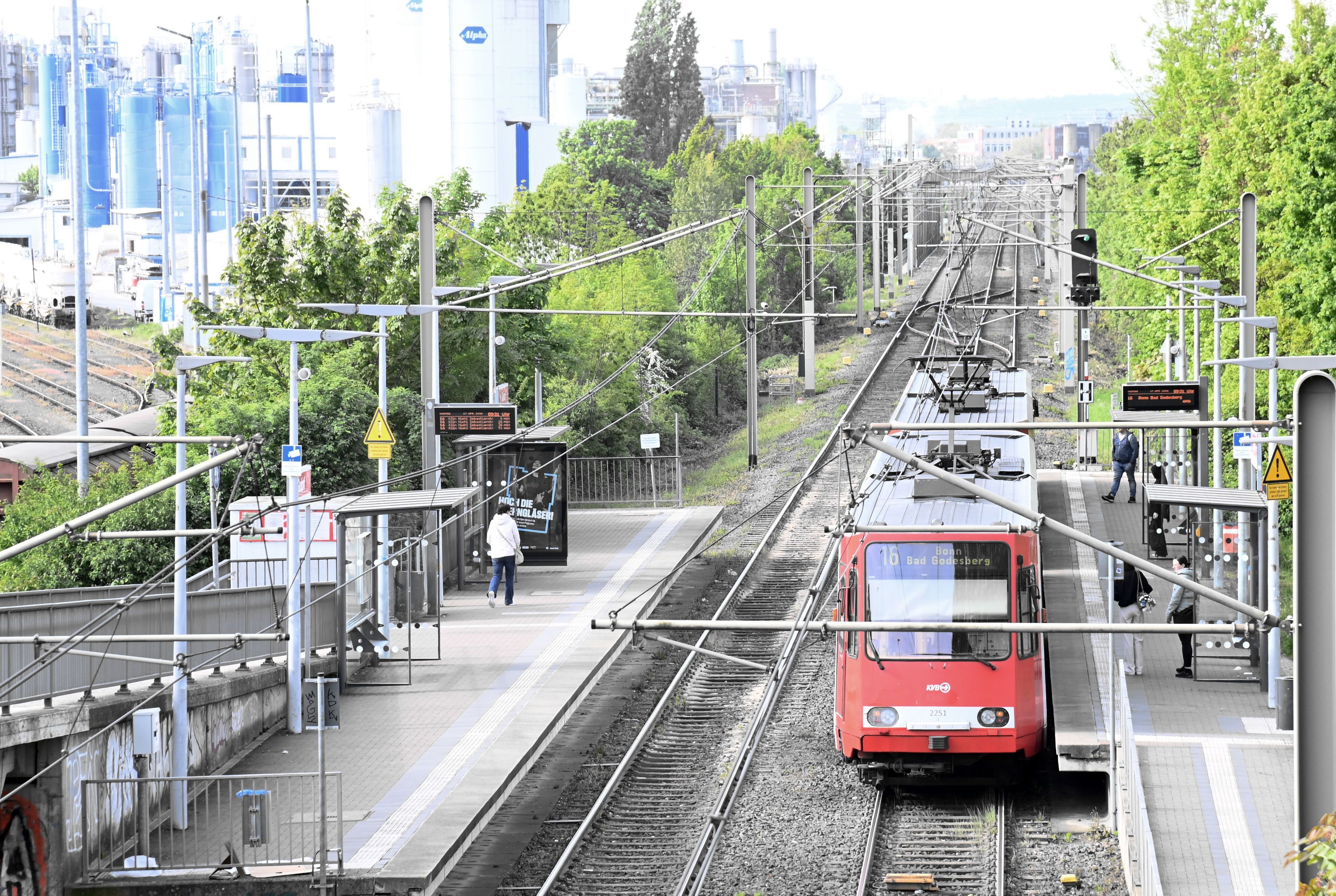 Eine Bahn der Linie 16 hält an einer Haltestelle.