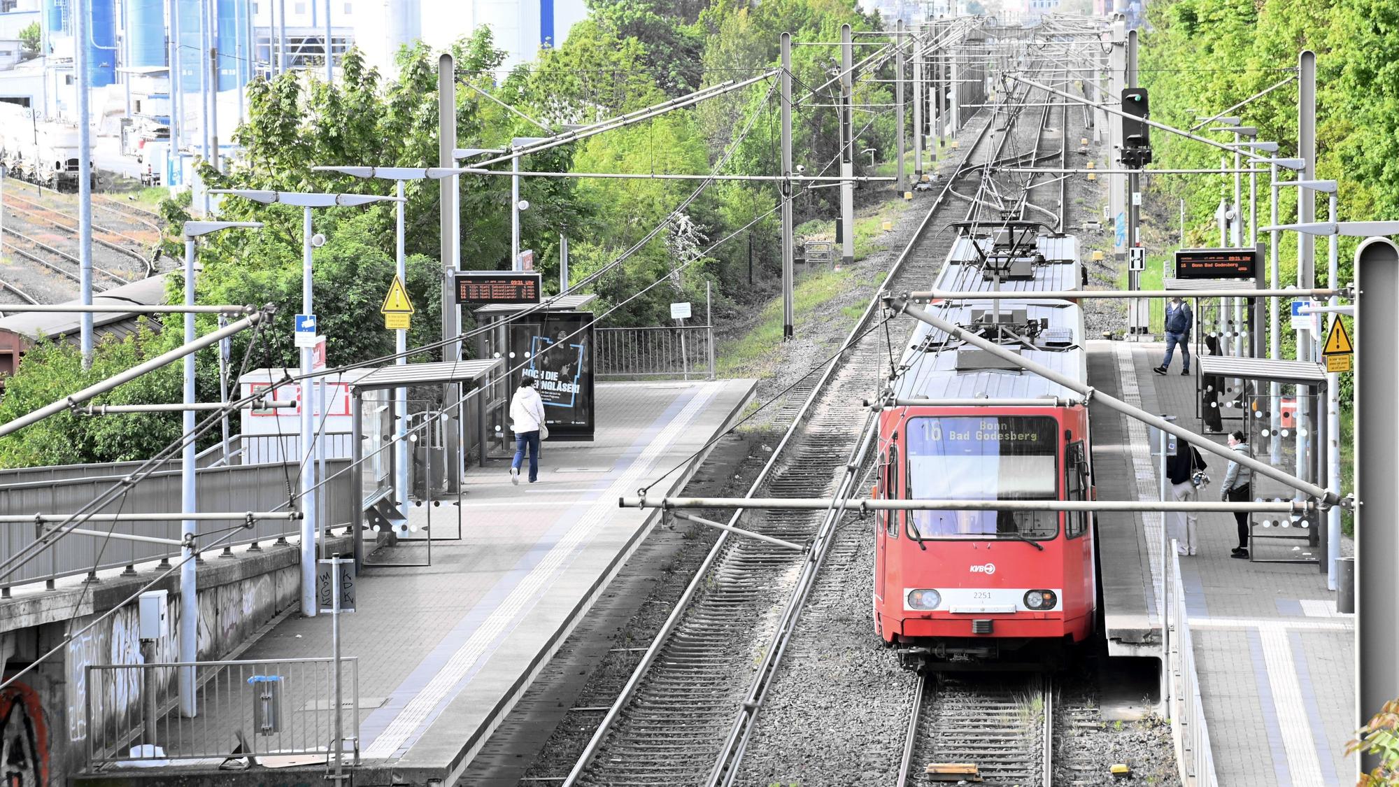 Eine Bahn der Linie 16 hält an einer Haltestelle.