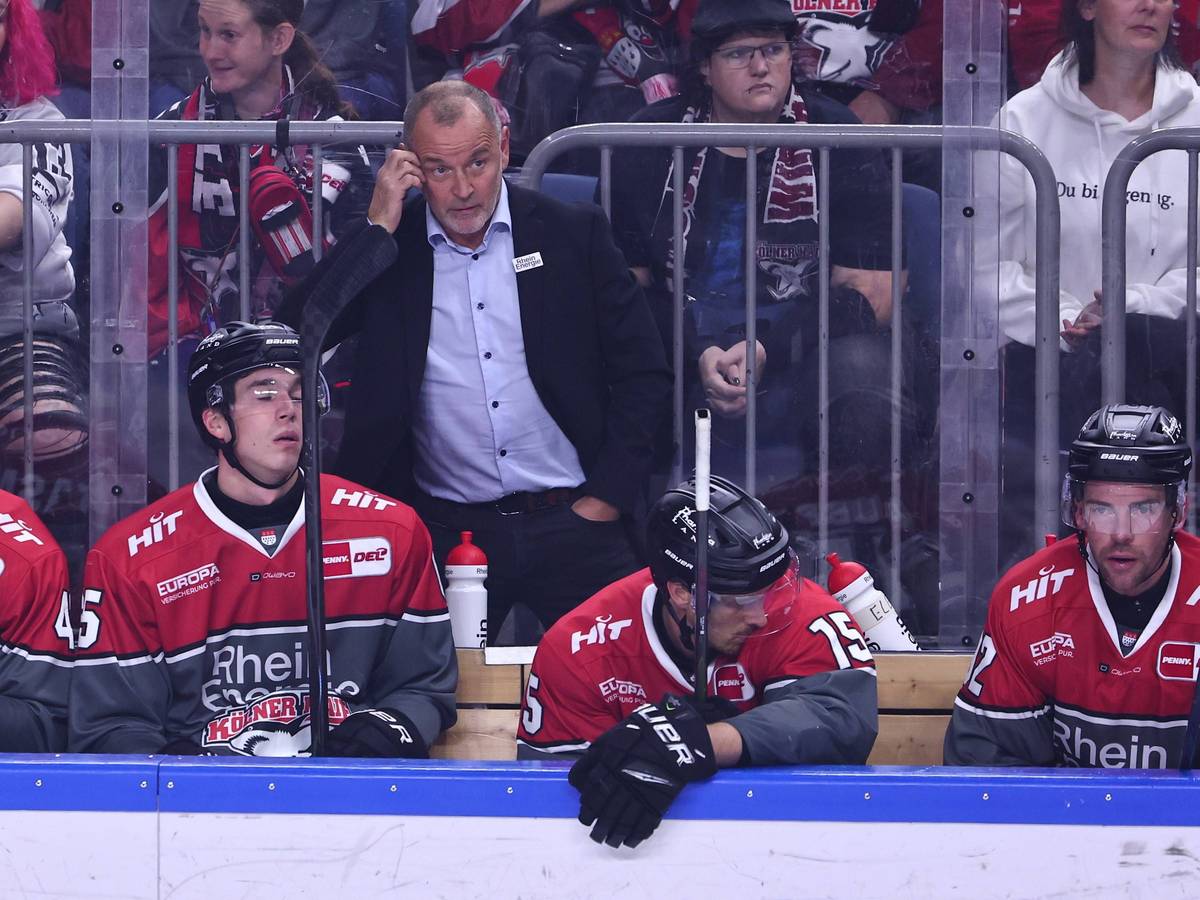Haie-Cheftrainer Thomas Berglund steht mit seiner Mannschaft an der Seite der Eisfläche.