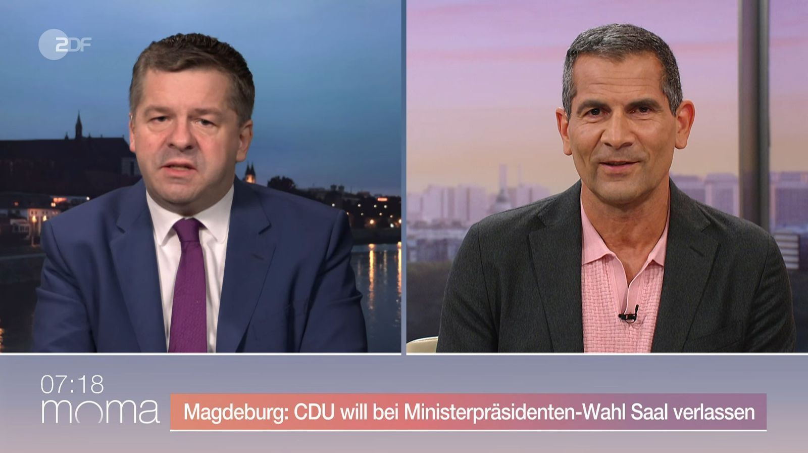 Mitri Sirin (rechts) sprach im ZDF-“Morgenmagazin“ mit Sachsen Anhalts Ministerpräsident Sven Schulze. (Bild: ZDF)