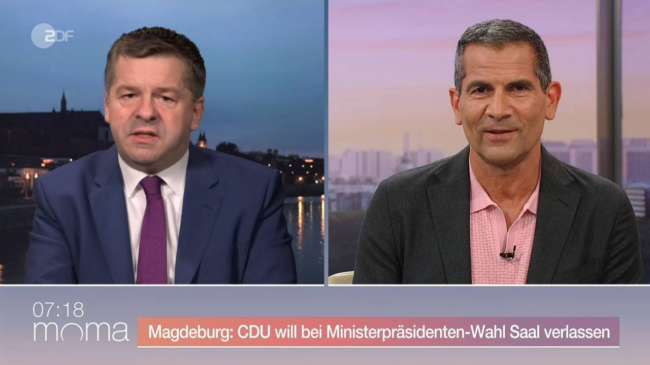 Mitri Sirin (rechts) sprach im ZDF-“Morgenmagazin“ mit Sachsen Anhalts Ministerpräsident Sven Schulze. (Bild: ZDF)