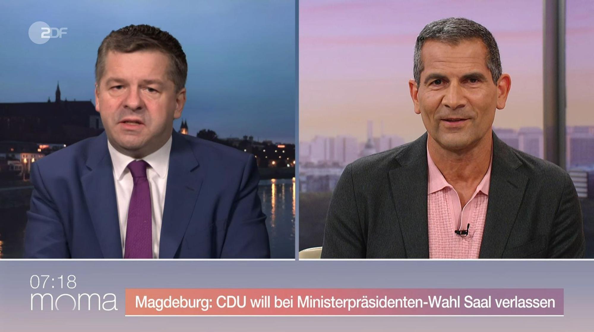 Mitri Sirin (rechts) sprach im ZDF-“Morgenmagazin“ mit Sachsen Anhalts Ministerpräsident Sven Schulze. (Bild: ZDF)