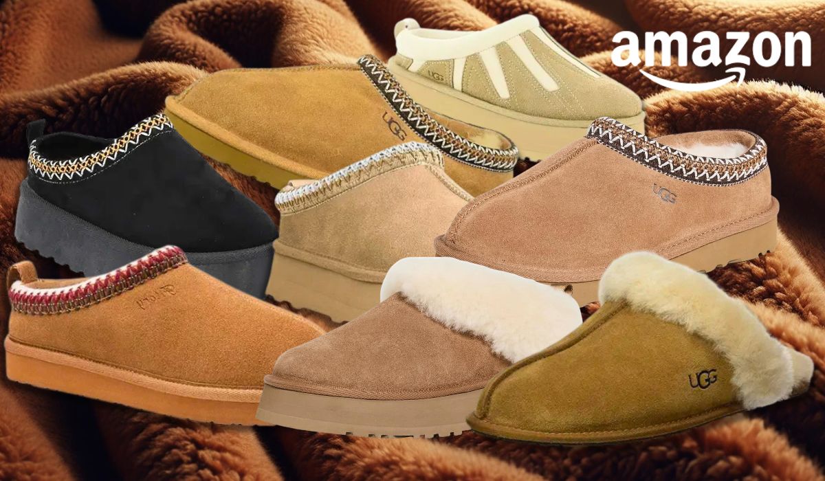 UGG Boots in verschiedenen Farben und Modellen vor einem Hintergrund weichen Plüsch Hintergrund.
