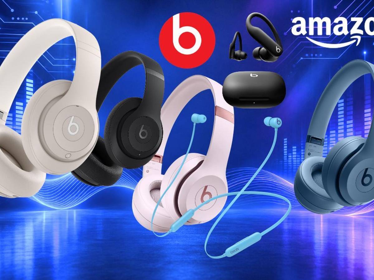 Mehrere Beats-Kopfhörer vor blauem Technik-Hintergrund mit Schallwellen: Studio Pro in Sandbeige und Schwarz, Solo 4 in Rosa und Blau, Powerbeats Pro 2 in Schwarz sowie Flex mit Nackenband in Hellblau, dazu das Beats- und das Amazon-Logo.