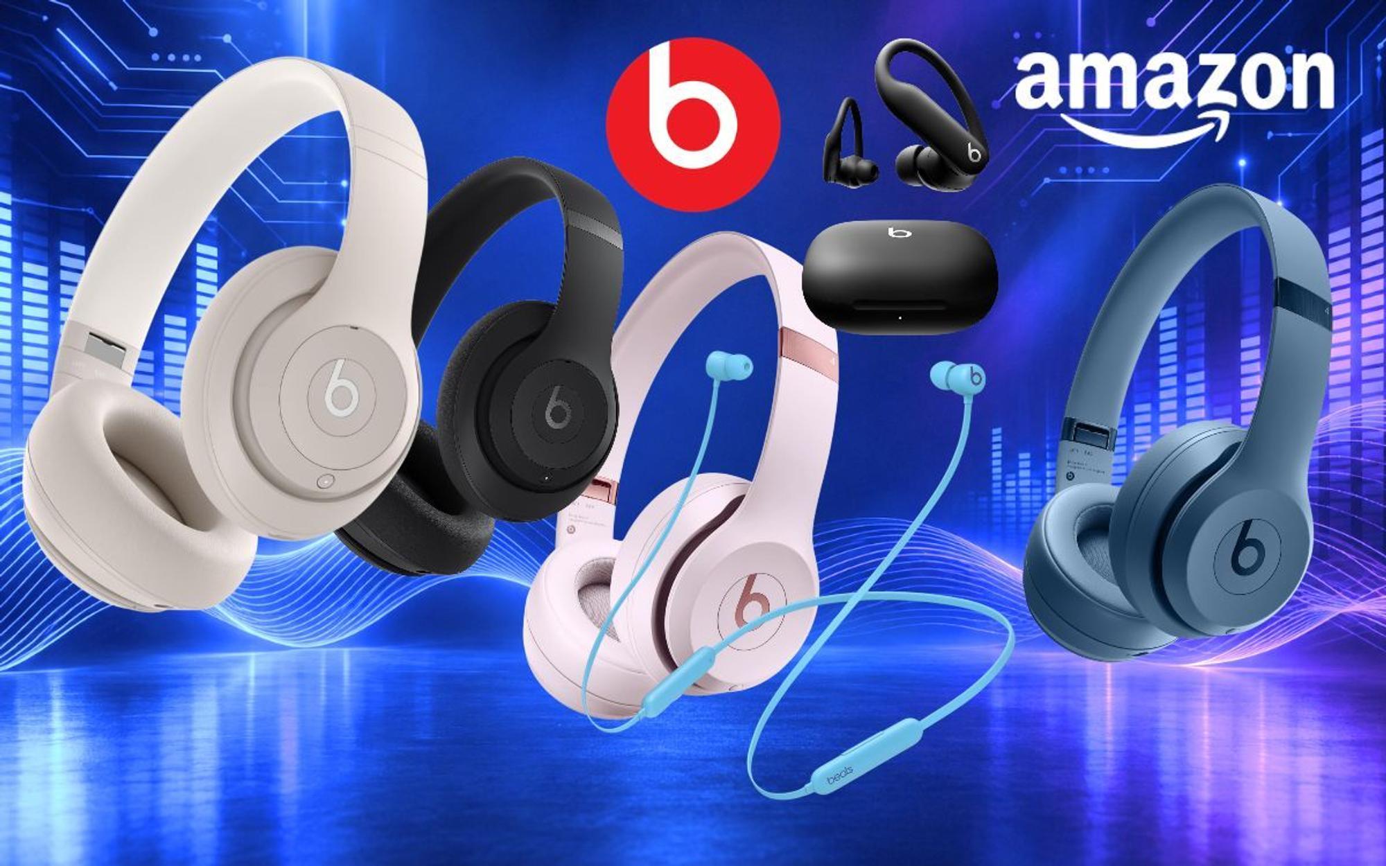 Mehrere Beats-Kopfhörer vor blauem Technik-Hintergrund mit Schallwellen: Studio Pro in Sandbeige und Schwarz, Solo 4 in Rosa und Blau, Powerbeats Pro 2 in Schwarz sowie Flex mit Nackenband in Hellblau, dazu das Beats- und das Amazon-Logo.