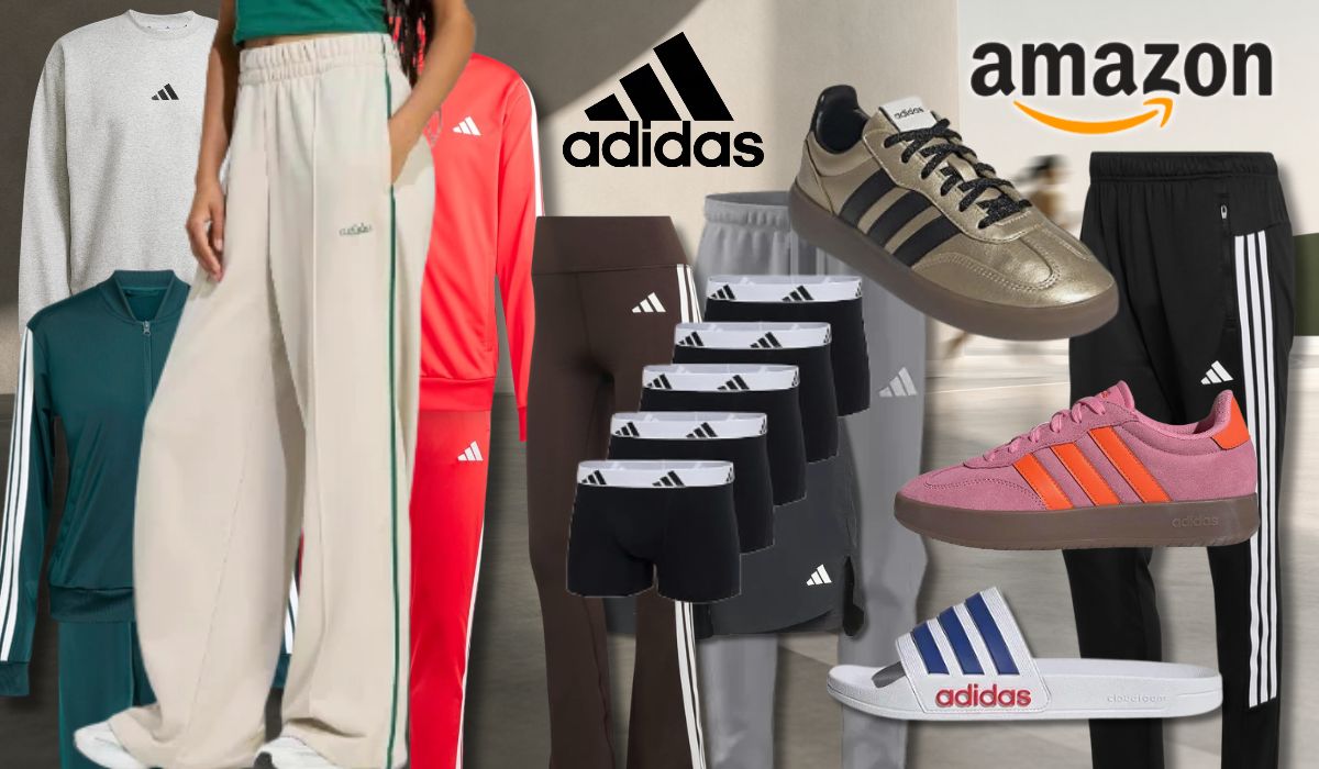 adidas Kleidungsstücke, Sneaker und Schuhe vor einem urbanen Sportplatz in der Abenddämmerung.