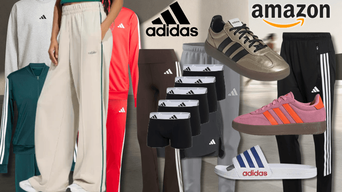 adidas Kleidungsstücke, Sneaker und Schuhe vor einem urbanen Sportplatz in der Abenddämmerung.