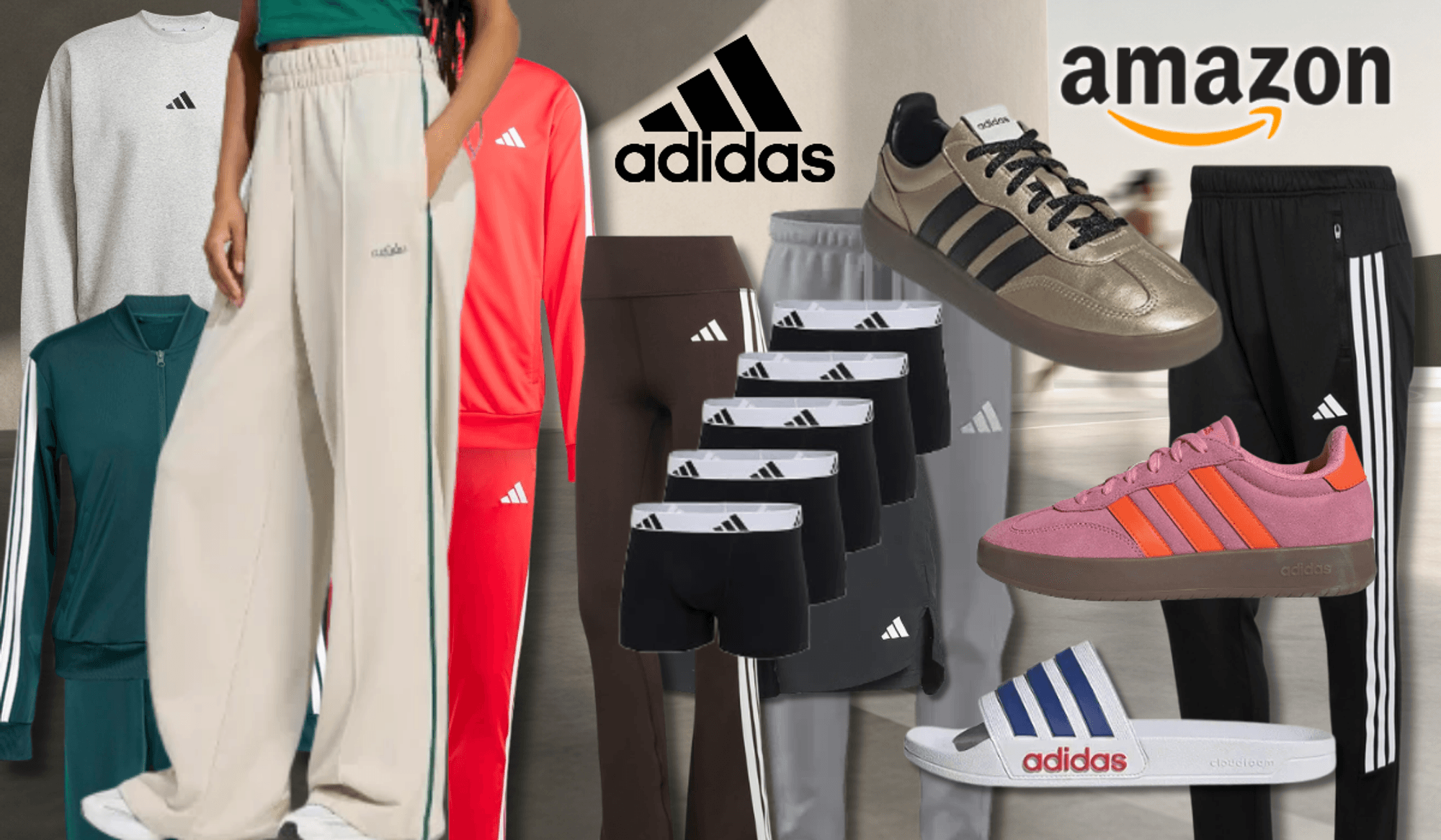 adidas Kleidungsstücke, Sneaker und Schuhe vor einem urbanen Sportplatz in der Abenddämmerung.