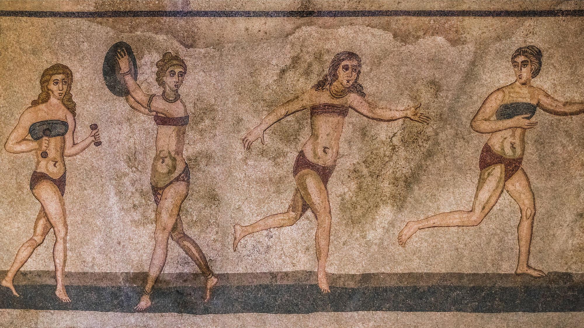 Sportlerinnen, Mosaik aus der spätrömischen Luxusvilla Romana del Casale