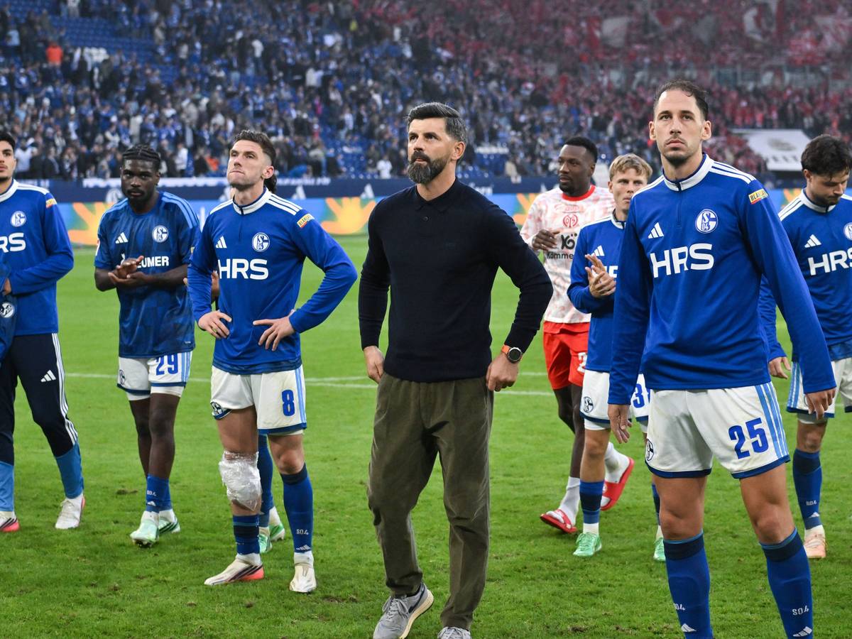 Trainer Miron Muslic und seine Mannschaft stehen vor den Schalke-Fans.
