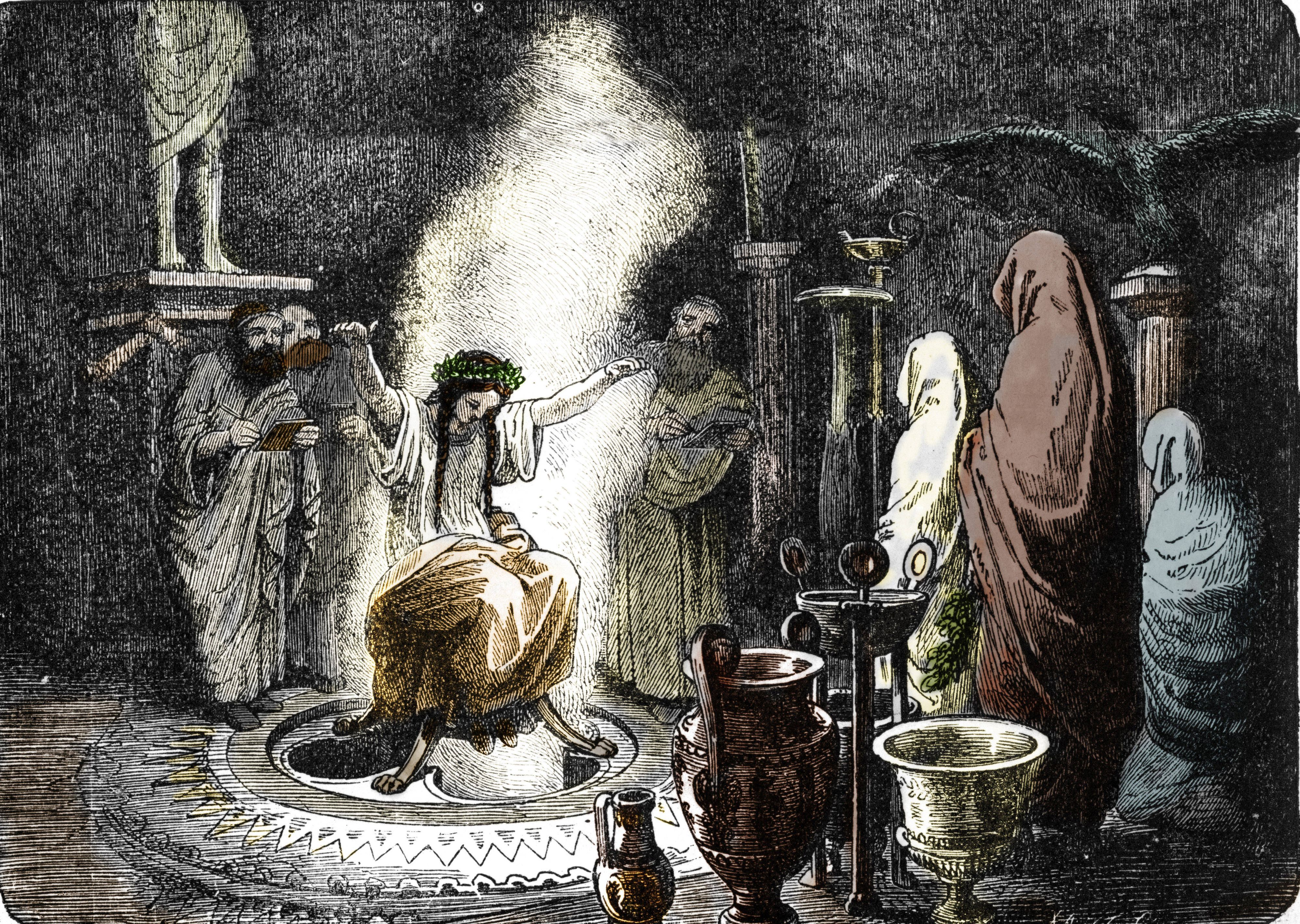 Pythia, das Orakel von Delphi, im Apollon-Tempel