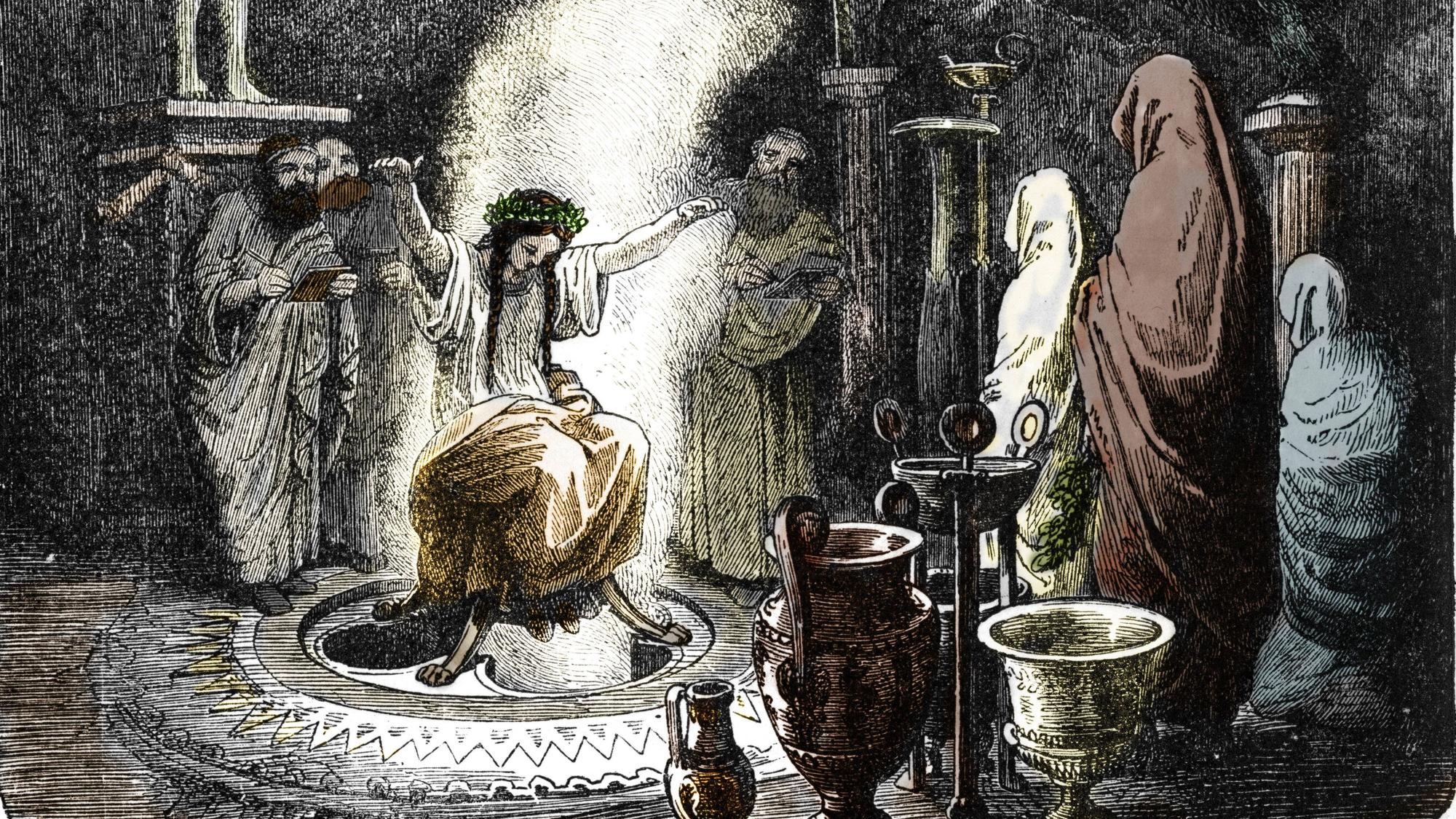 Pythia, das Orakel von Delphi, im Apollon-Tempel