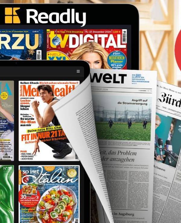 Readly App. Links zwei Tablets mit Zeitschriften-Covern: Daneben Print-Tageszeitungen. Rechts ein Mann liest auf einem Tablet. Oben das Readly-Logo, rechts ein roter Badge „3 Monate 0,99 €".