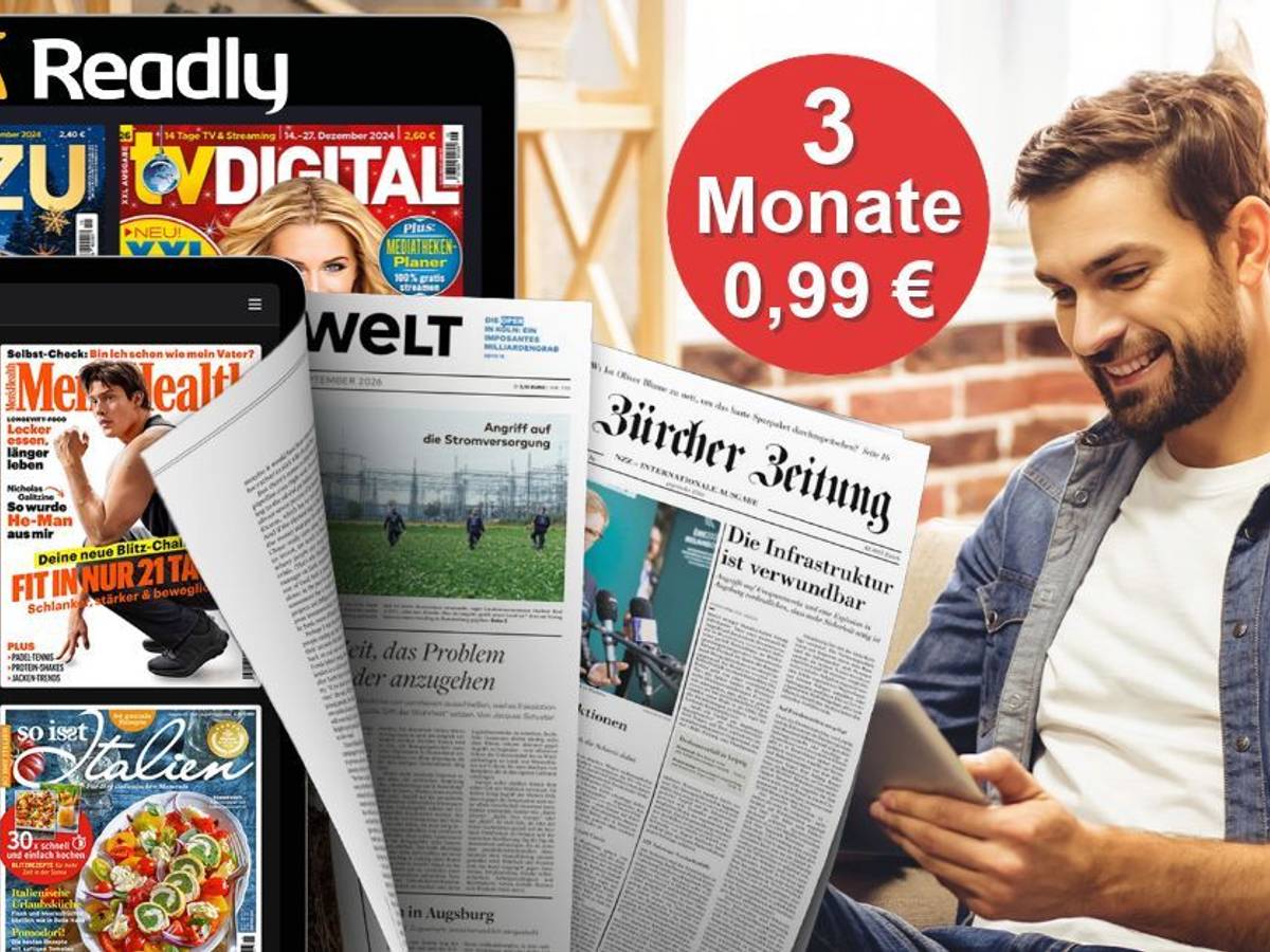 Readly App. Links zwei Tablets mit Zeitschriften-Covern: Daneben Print-Tageszeitungen. Rechts ein Mann liest auf einem Tablet. Oben das Readly-Logo, rechts ein roter Badge „3 Monate 0,99 €".