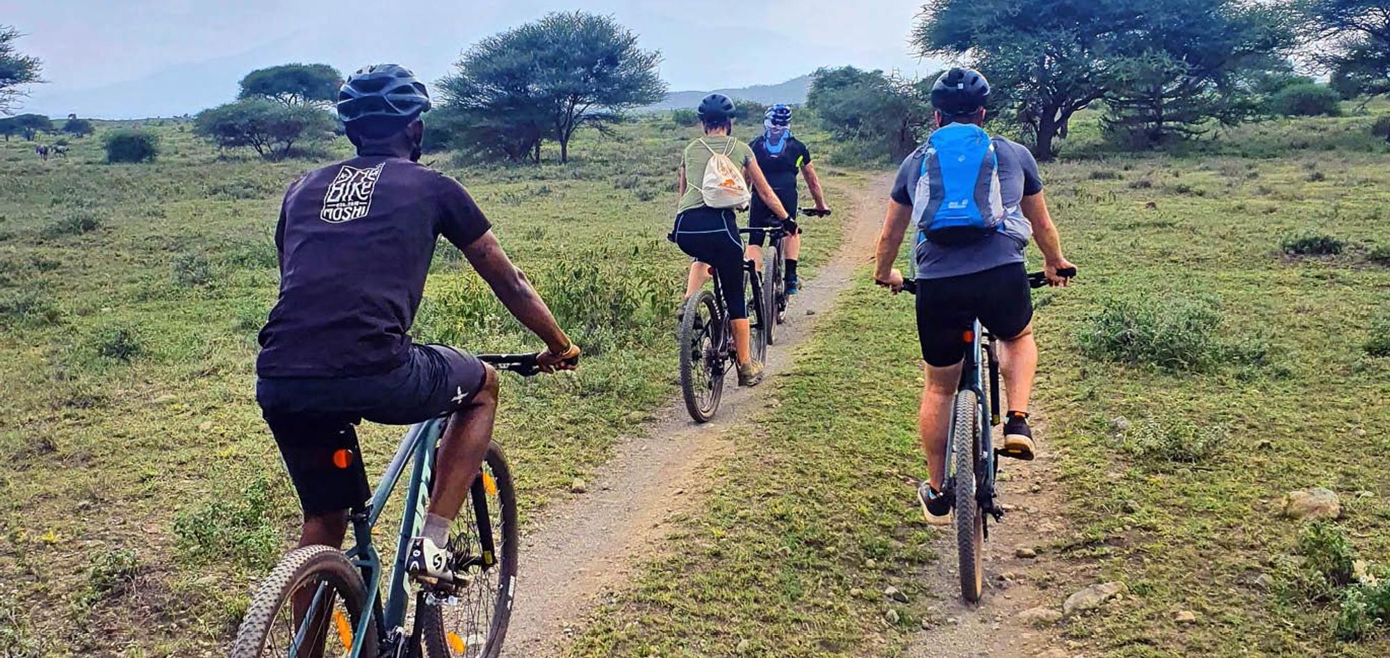 Mountainbiker auf Schotterpiste in der Savanne mit Akazien.