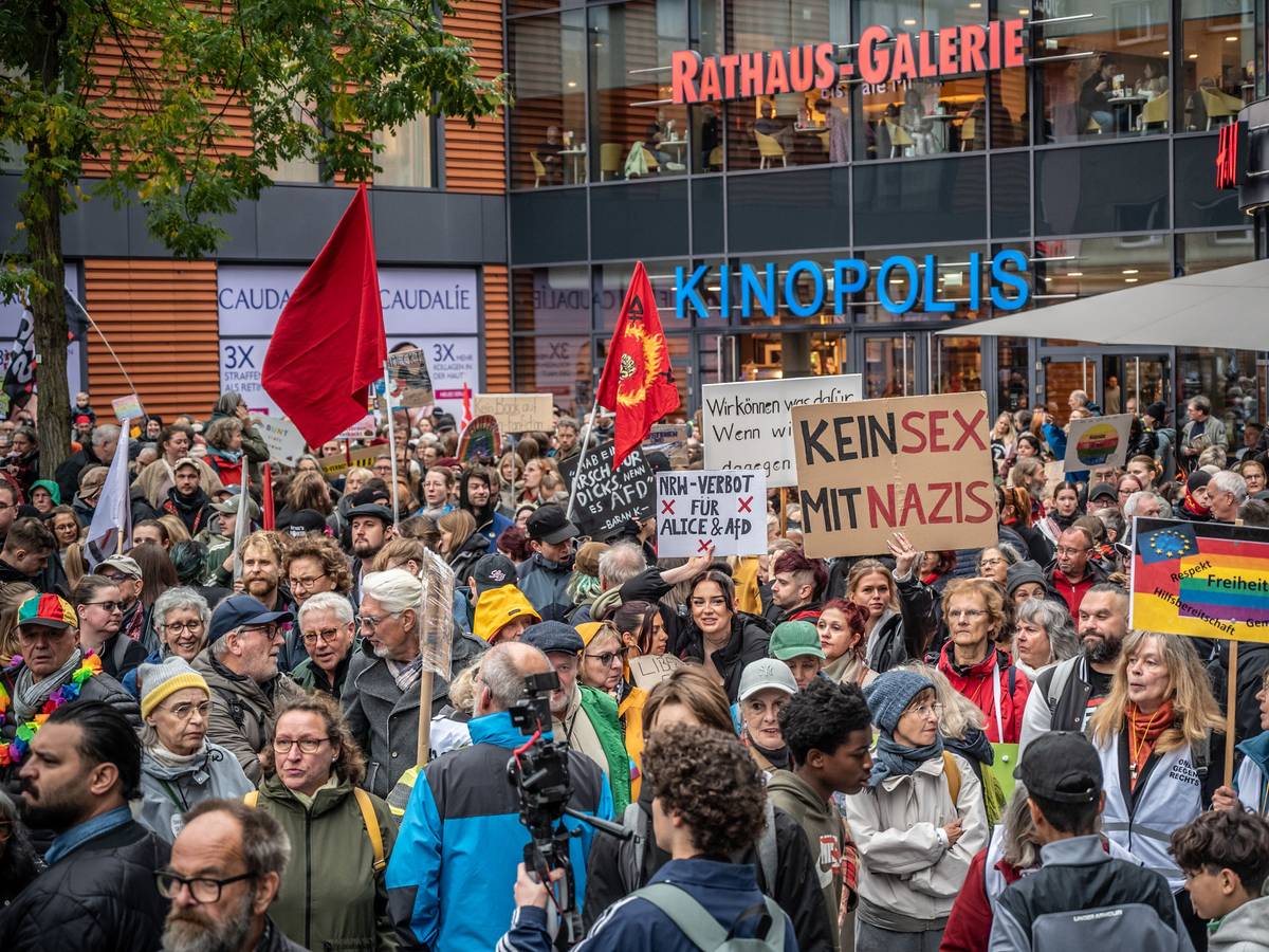 Zahlreiche Menschen demonstrieren, halten Plakate unter anderem mit „Kein Sex mit Nazis“ hoch.